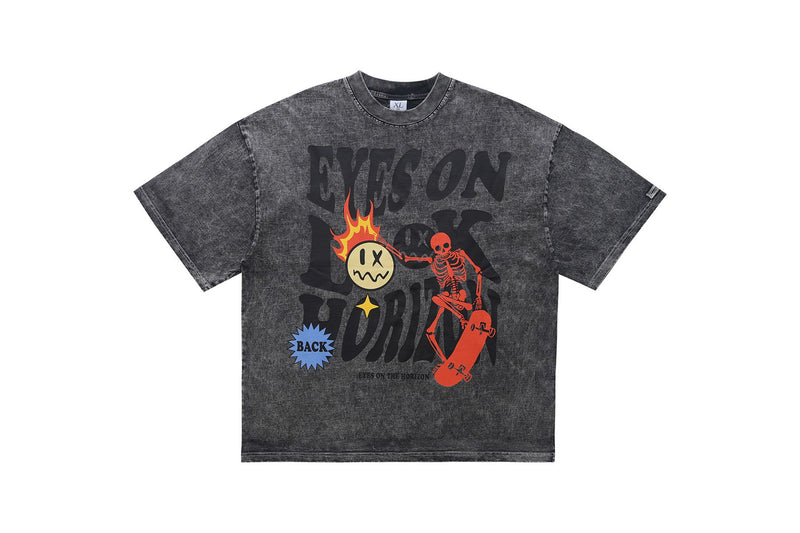 Vintage wash black graphic tee with Eyes on the Horizon skateboard print and red skeleton design