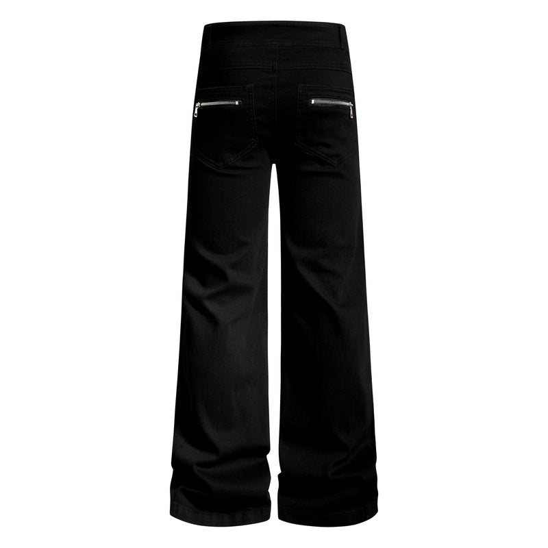 Back view of black wide-leg pants with two zippered back pockets