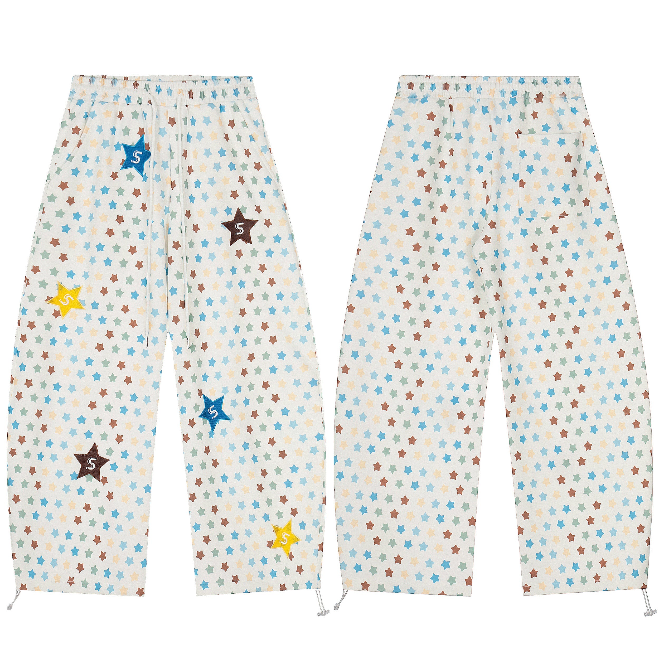 Front and back view of off-white wide-leg pants with multicolor star print and embroidered star patches in blue, brown, and y