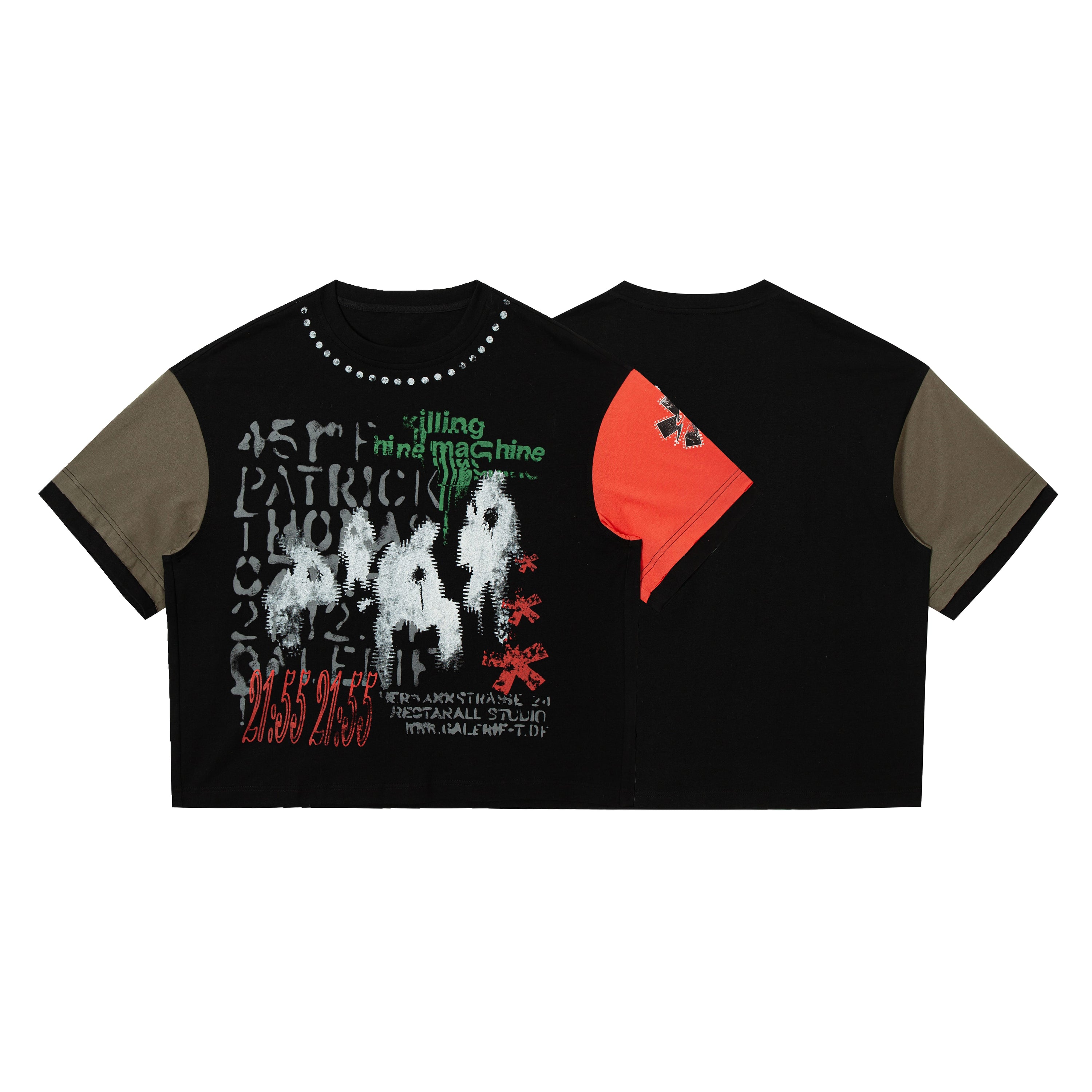 Black crop tee with distressed graphic print, olive and red-orange contrast sleeves, and crystal stud neckline detailing, fro
