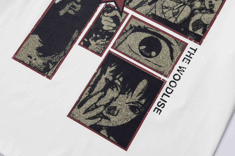 White vintage graphic tee with dark red panel collage print and THE WOODLISE text on the front