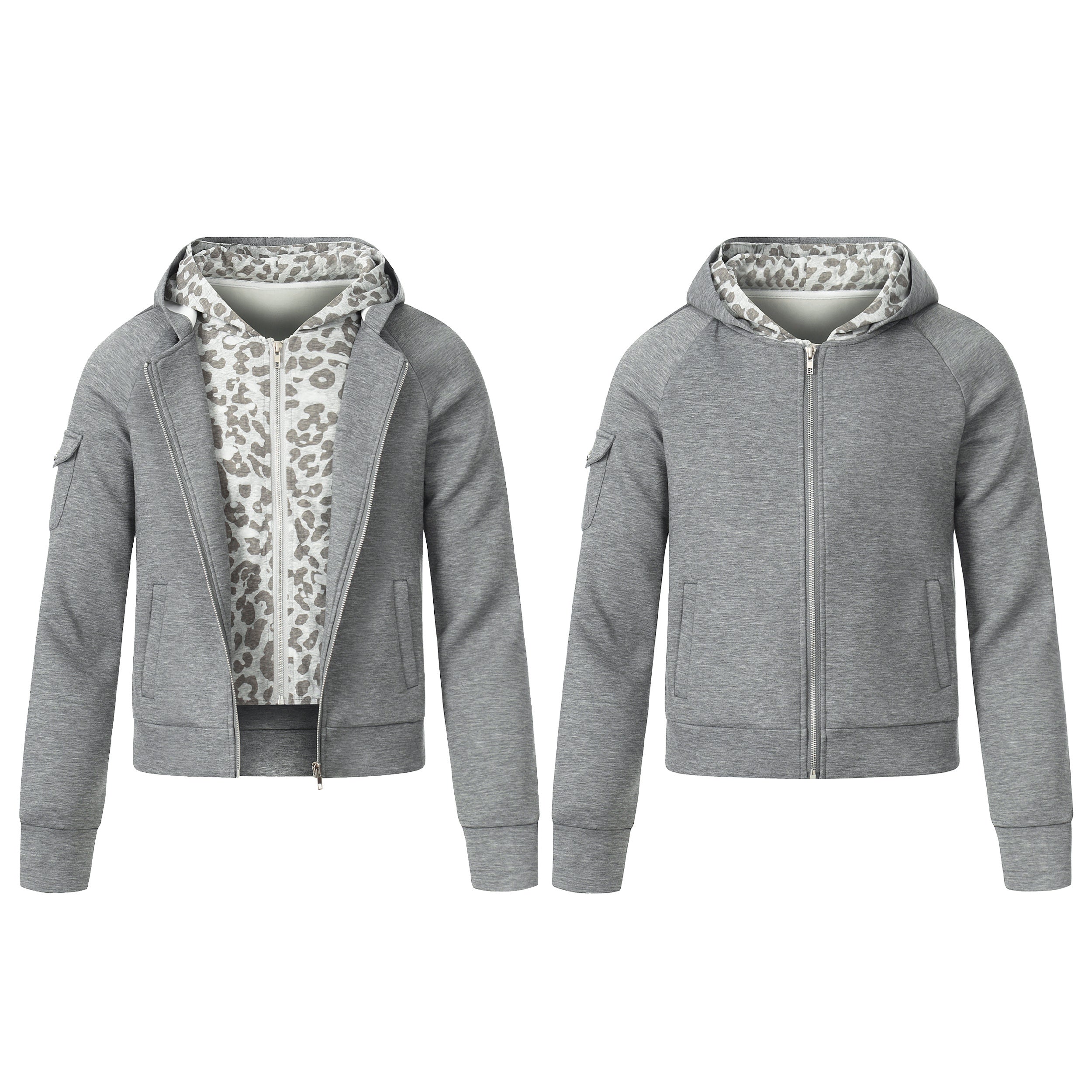 Grey marl zip-up hoodie shown open and closed, revealing a grey leopard-print inner lining and hood