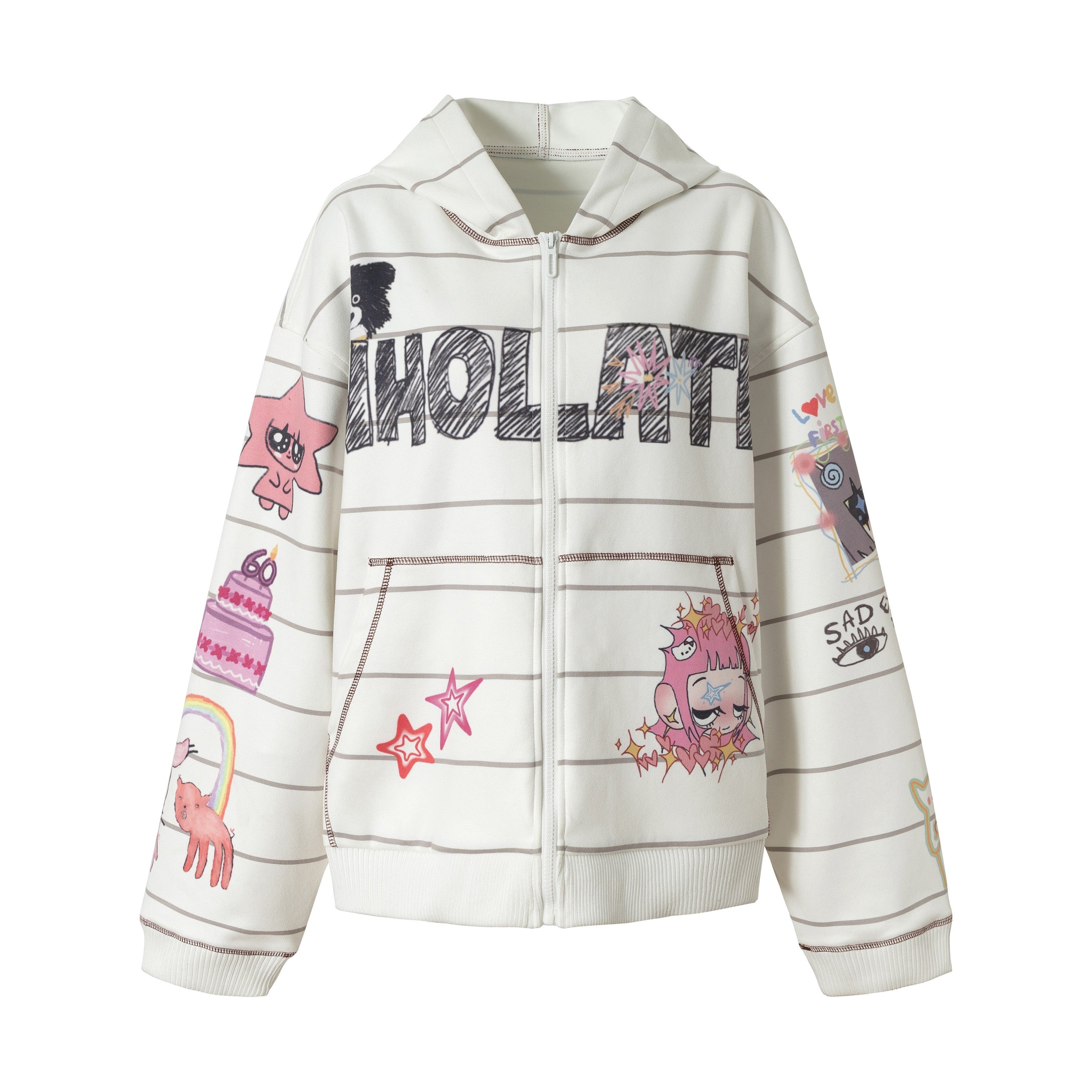All-Over Hand-Drawn Graphic Zip-Up Hoodie | Streetwear