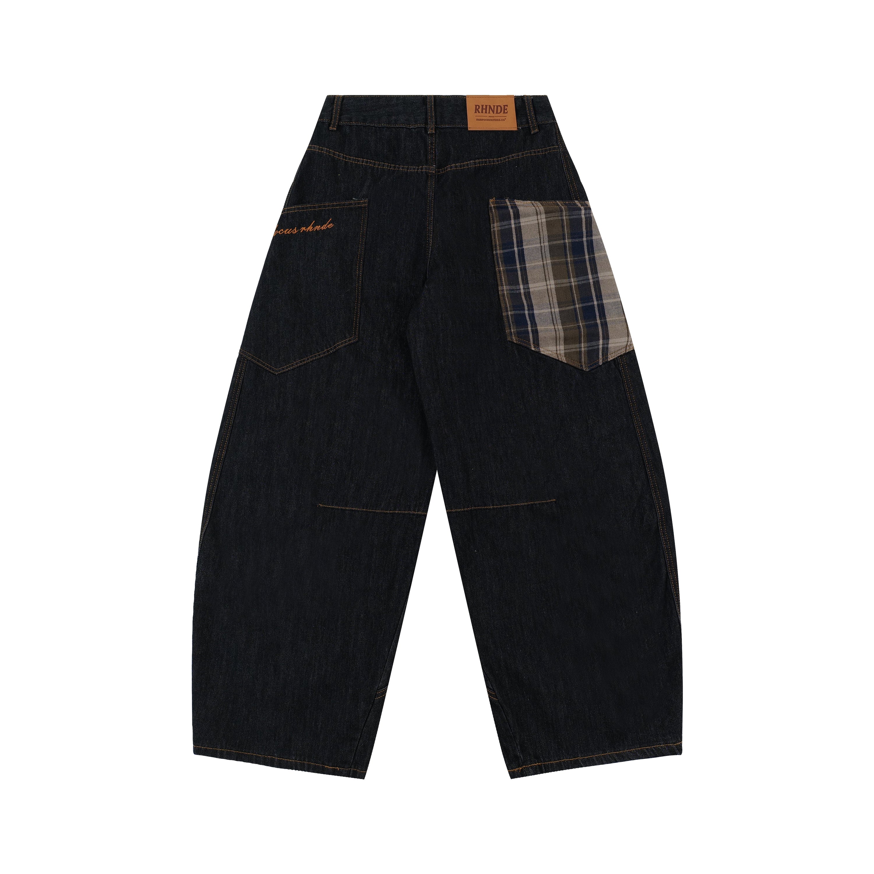 Back view of dark indigo wide-leg denim jeans with plaid patch pocket and orange script embroidery by RHNDE