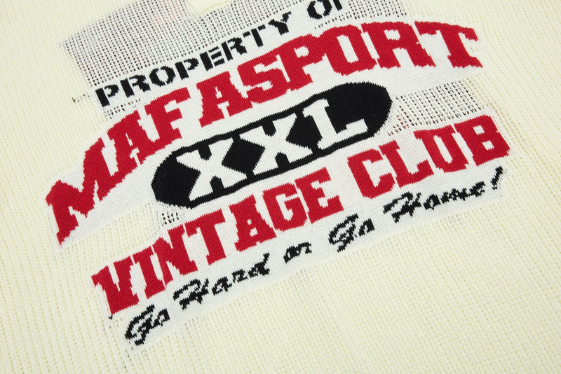 Cream knit polo with bold red and black varsity-style graphic reading Nasty Sport Vintage Club