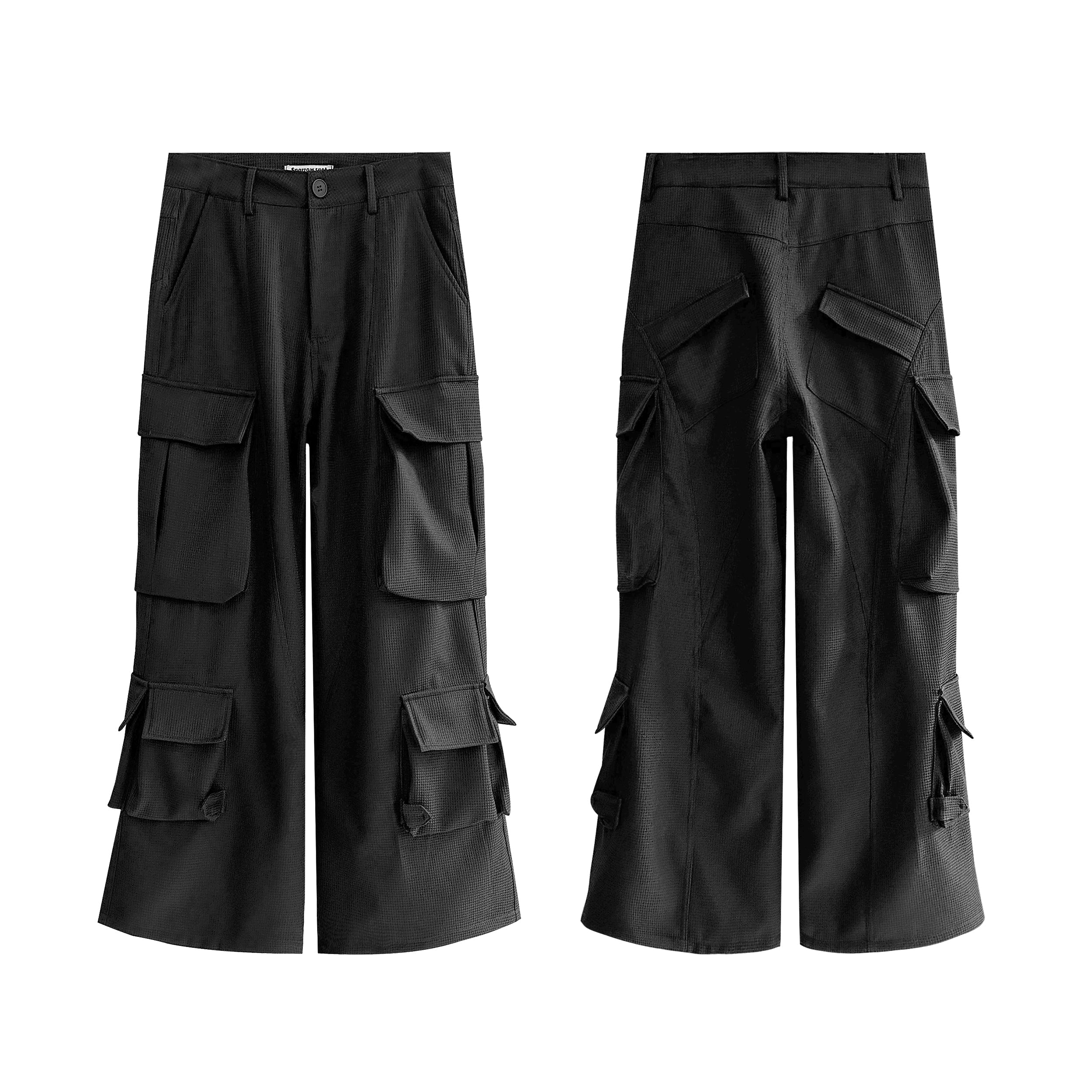 Front and back view of black wide-leg multi-pocket utility cargo pants with oversized flap pockets on each leg