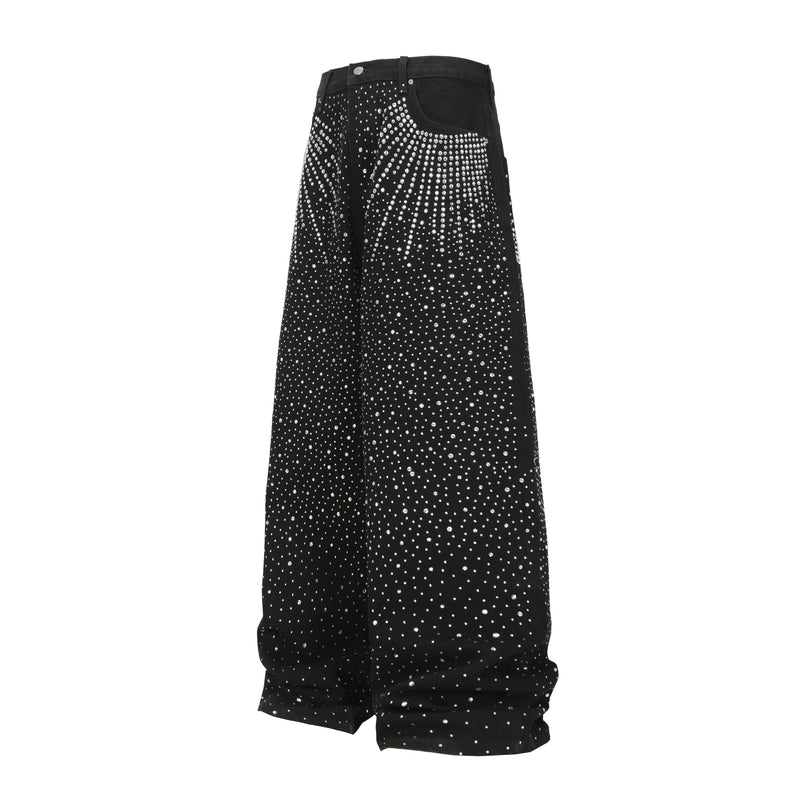Black wide-leg jeans covered in rhinestones, front view