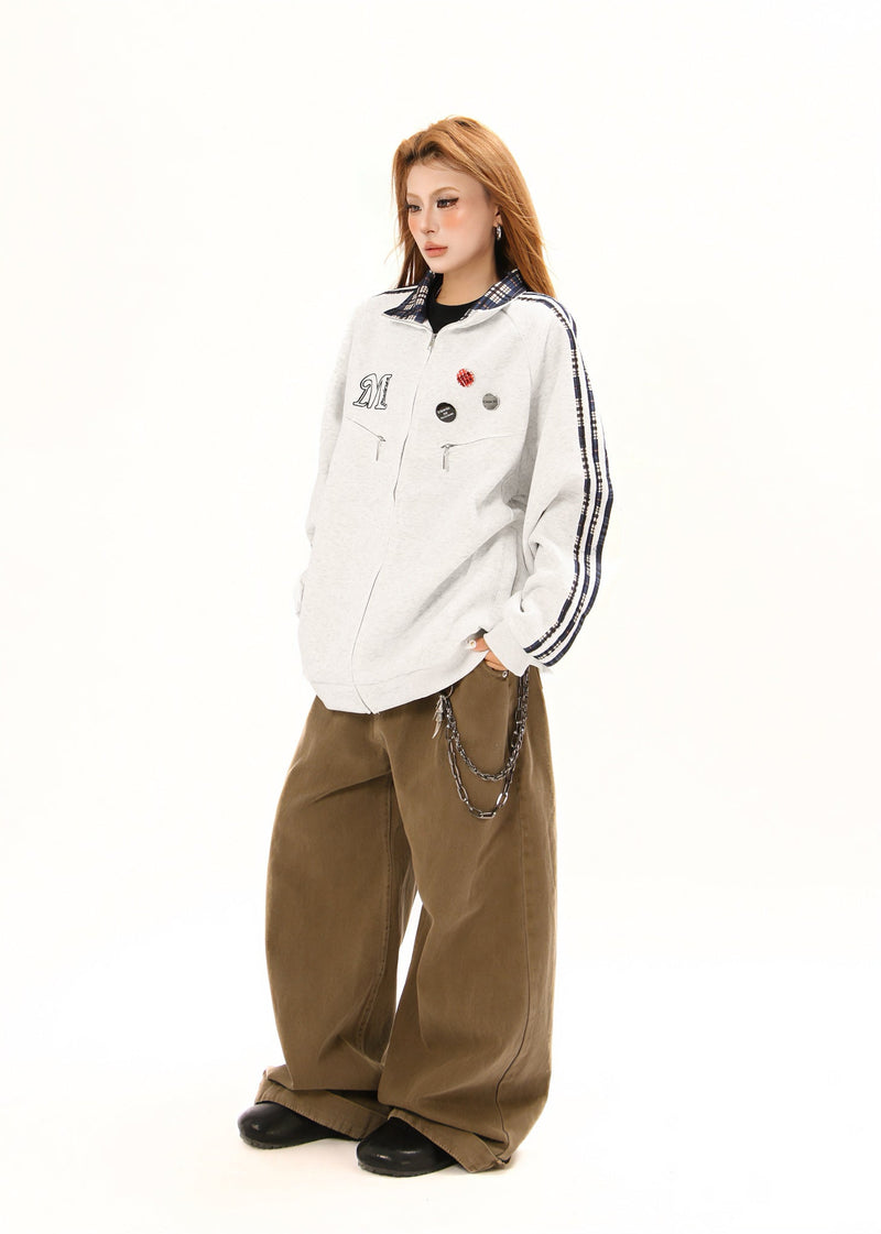 Omirad Plaid-Trim Track Jacket with Embroidered Logo & Pins