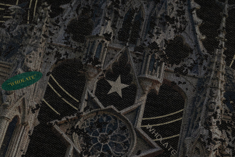 Gothic cathedral graphic on black raglan T-shirt with striped sleeves and a star, dark streetwear style
