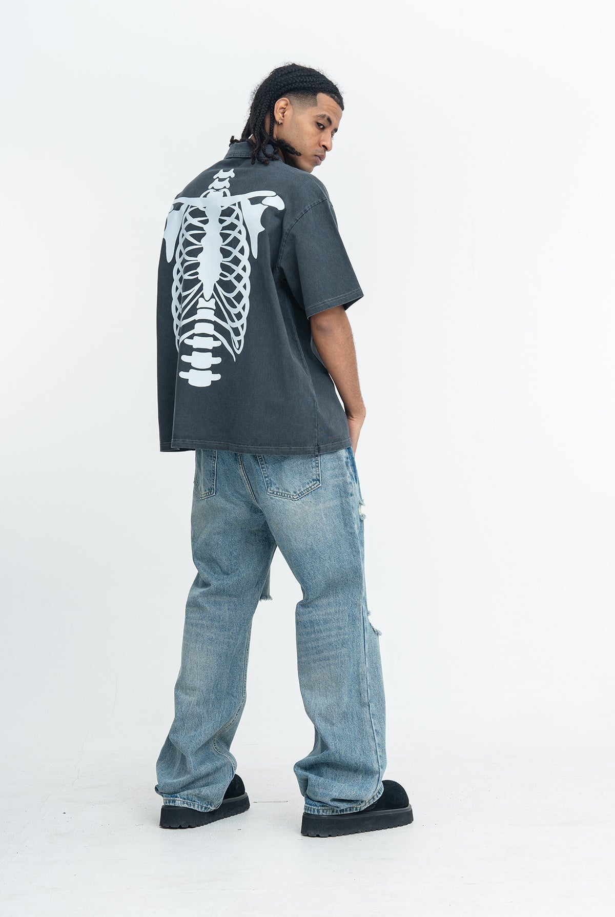 Omirad Darkness Spine Skeleton Graphic Washed Polo Shirt