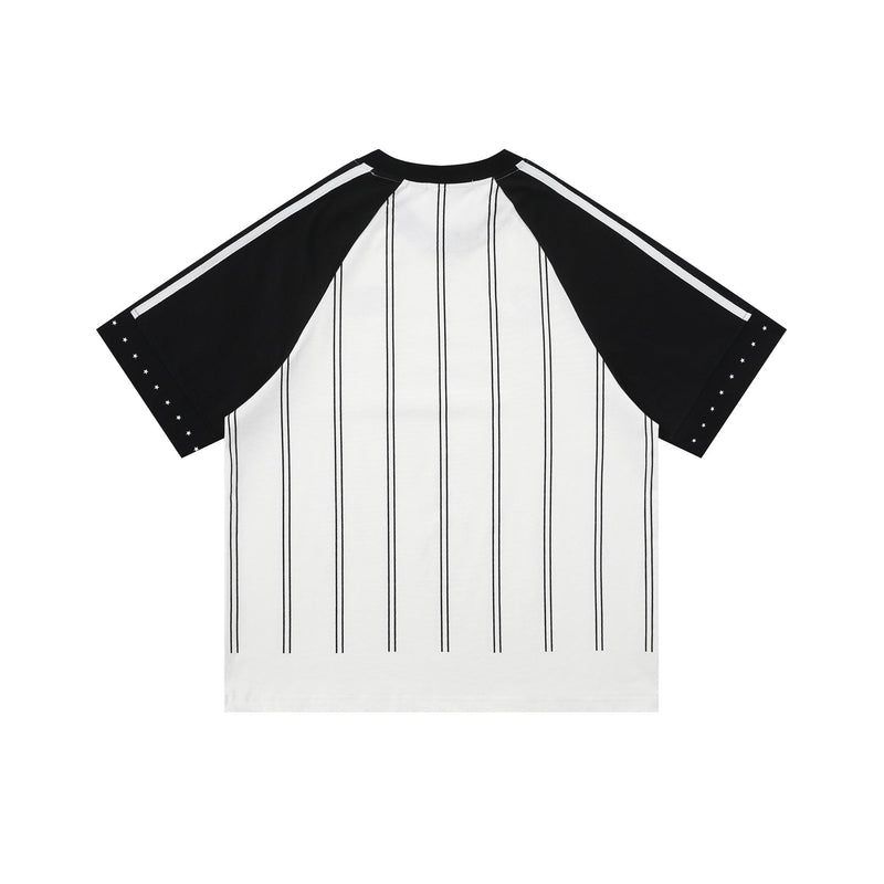 Black and white pinstripe sport jersey tee with raglan sleeves and star details on the cuffs, front view on white background