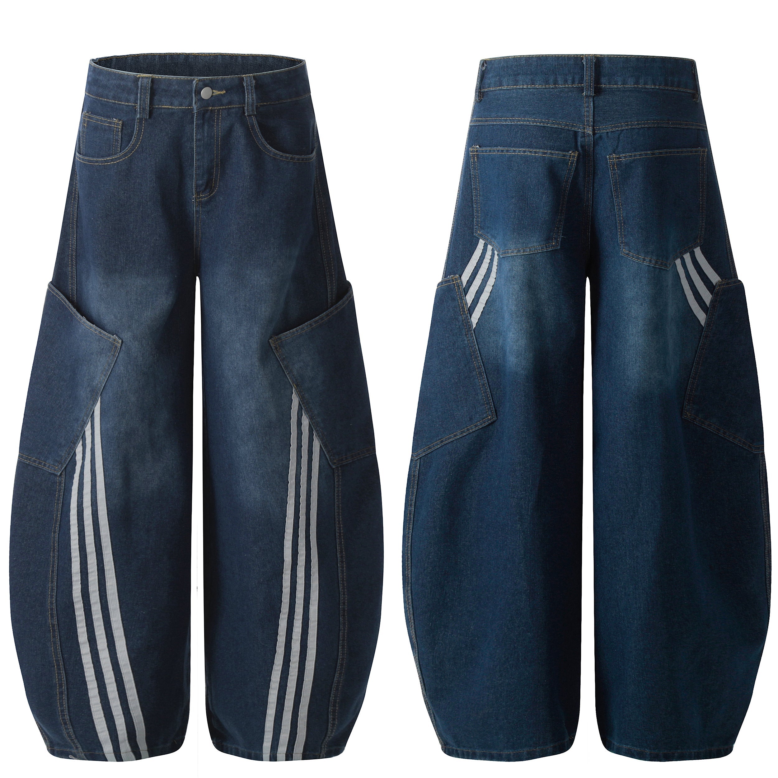 Front and back view of blue washed balloon wide-leg jeans with white athletic stripe panels and cargo-style pockets