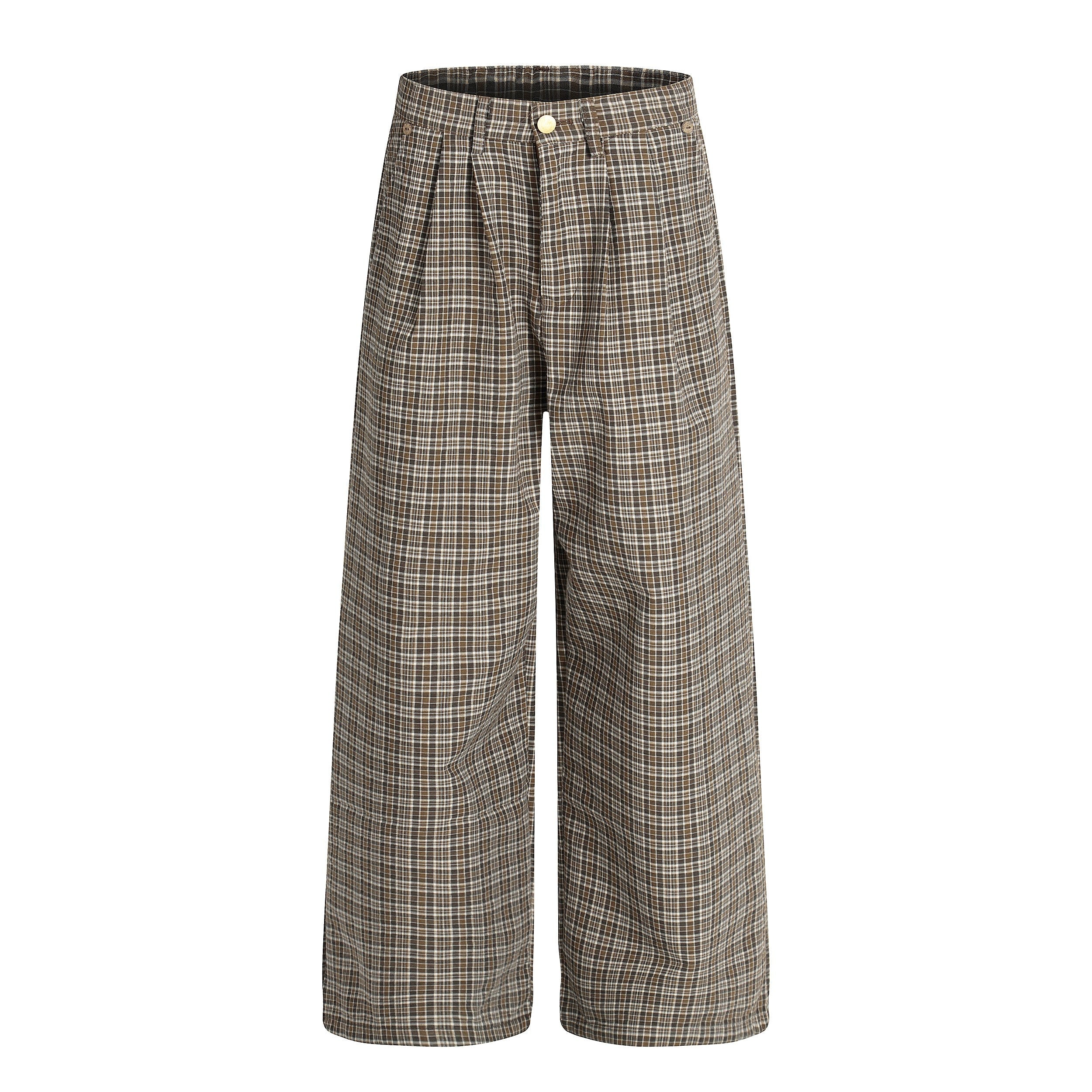 Vintage Plaid Wide-Leg Pants | 100% Cotton Pleated Trousers