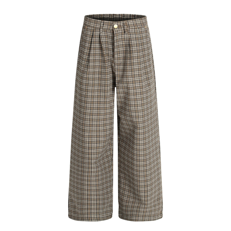 Vintage Plaid Wide-Leg Pants | 100% Cotton Pleated Trousers