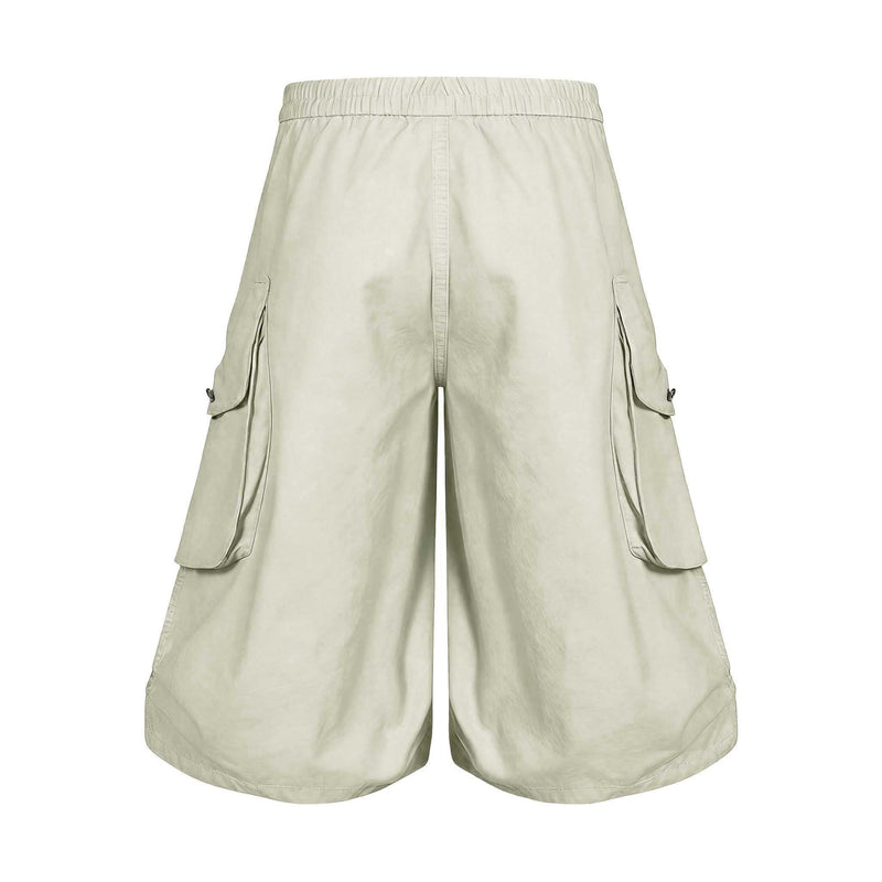 Cream cargo shorts back view with elastic waistband and side flap pockets