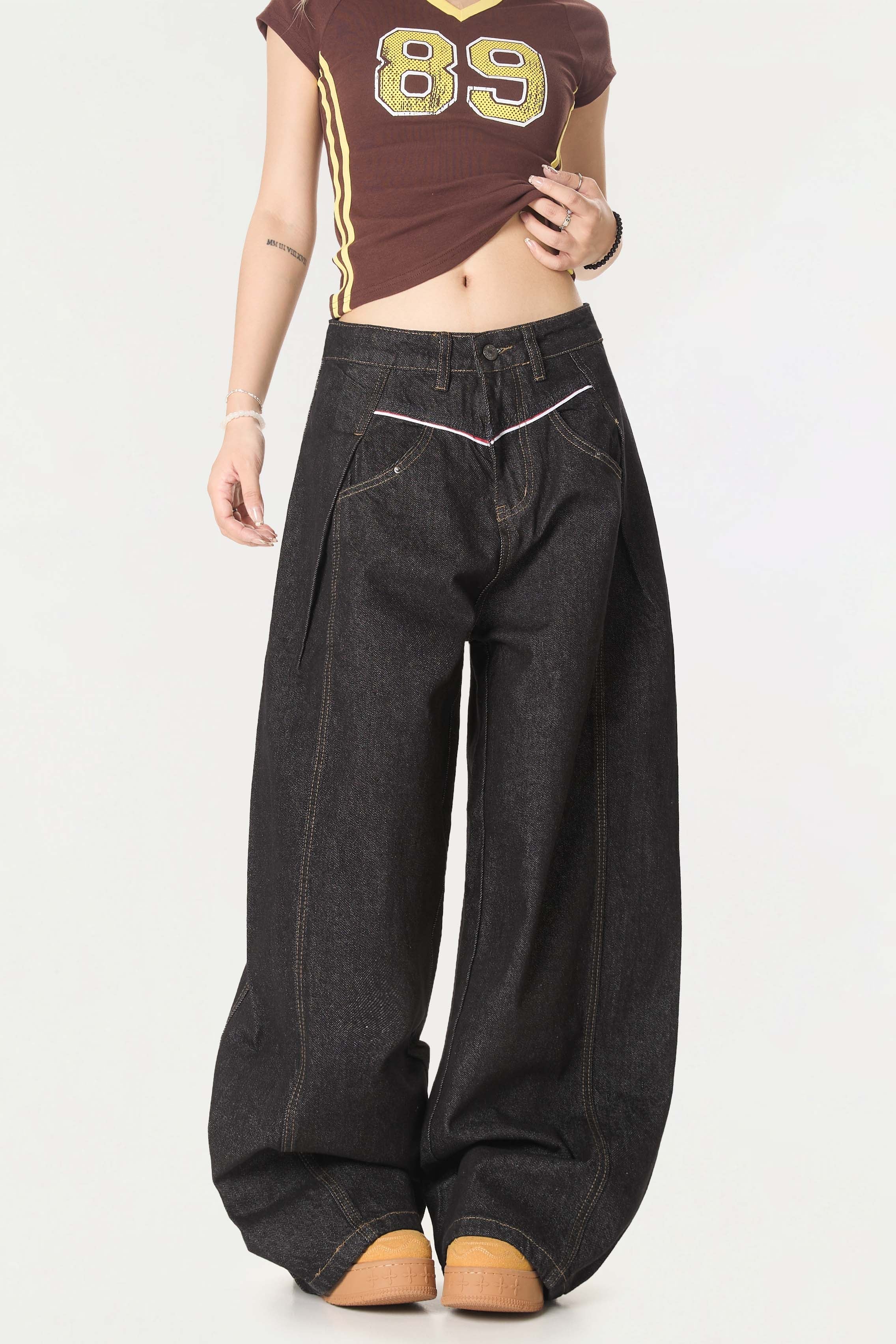 Omirad Contrast Piping Wide-Leg Jeans | Retro Street Denim