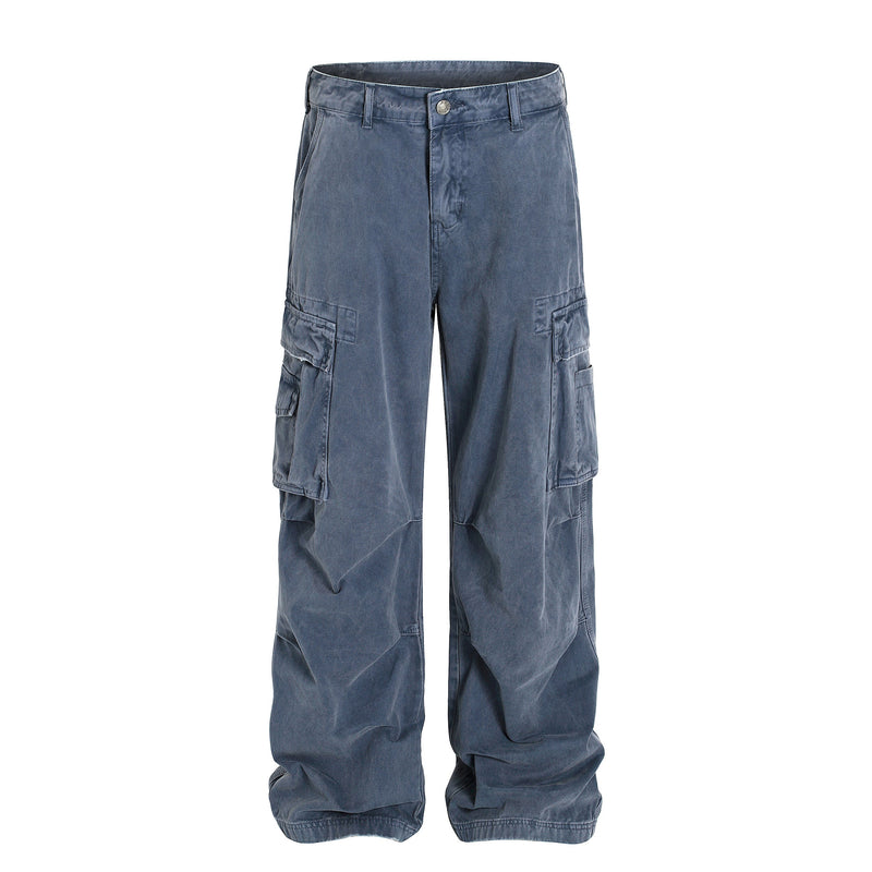 Washed blue wide-leg cargo pants with side flap pockets, front view