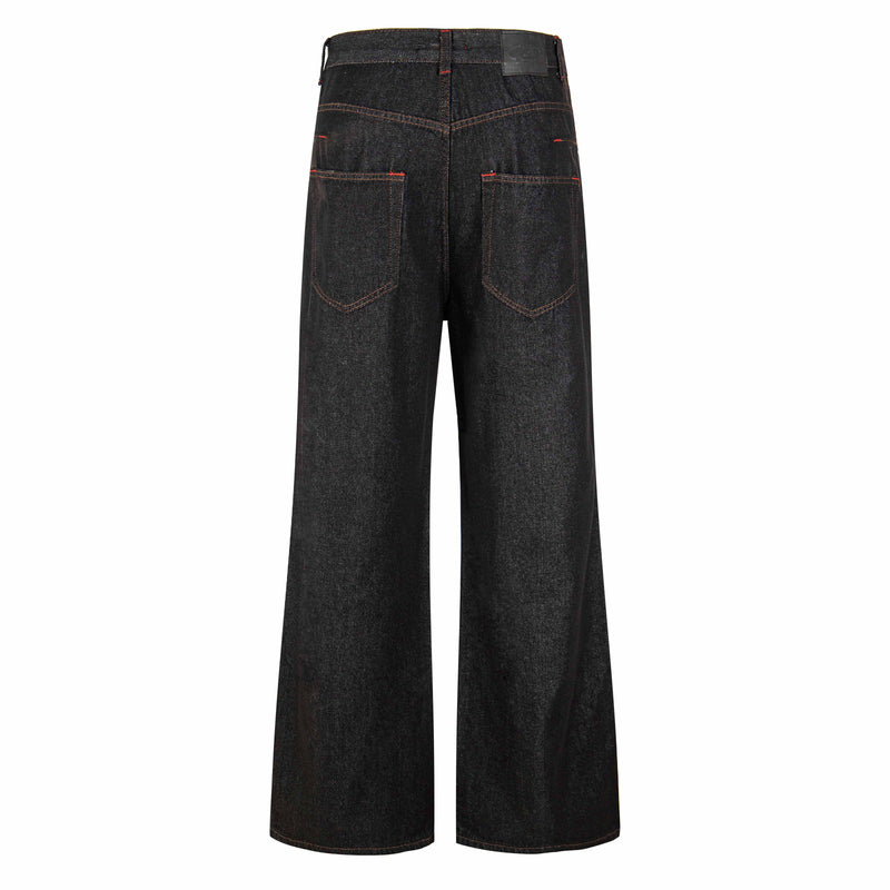 Back view of dark wash wide-leg denim pants with patch back pockets and logo patch