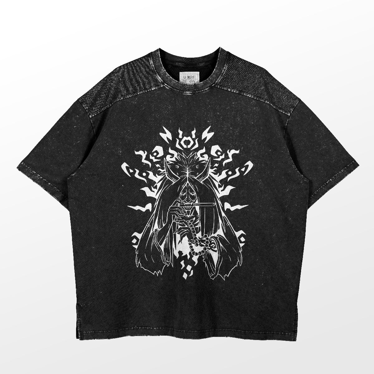 The Naruto Shiki Fujin Monochrome T-Shirt showcases a cloaked figure akin to the Shinigami with an animal lantern and electric symbols. This speckled, short-sleeve shirt exudes enigmatic allure, embodying unique Naruto Shippuden art.