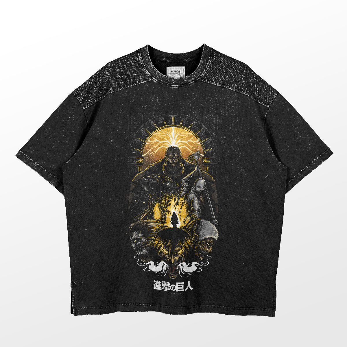 The Epic Titans Collage T-Shirt by Attack on Titan features characters in dynamic poses against a bright yellow sun, capturing an iconic anime design. Perfect for conventions, its vintage look is enhanced with Japanese text at the bottom. Ideal for any fan of the series.