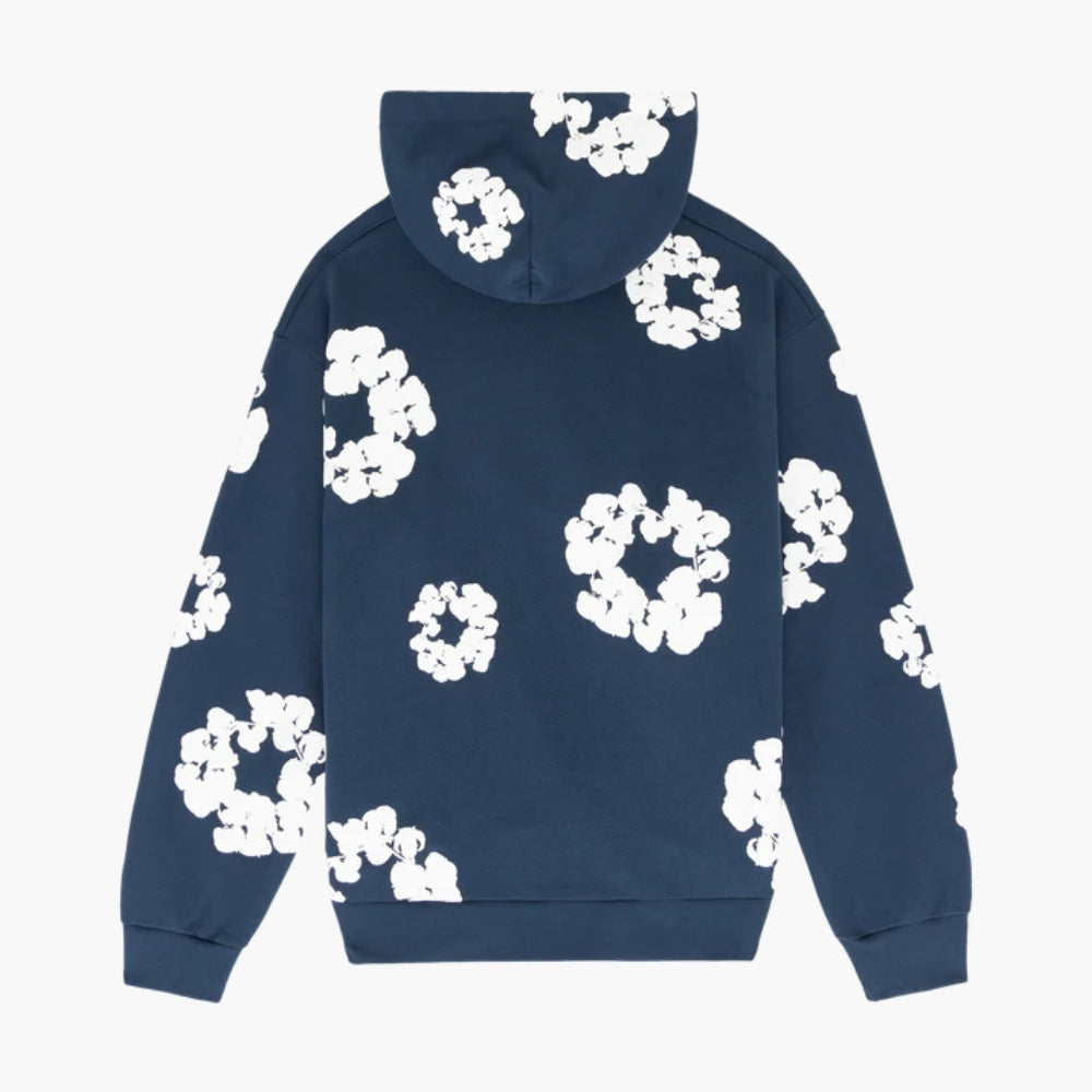 Navy “Cotton Wreath” Denim Tears Hoodie – White Floral Print Streetwear Pullover