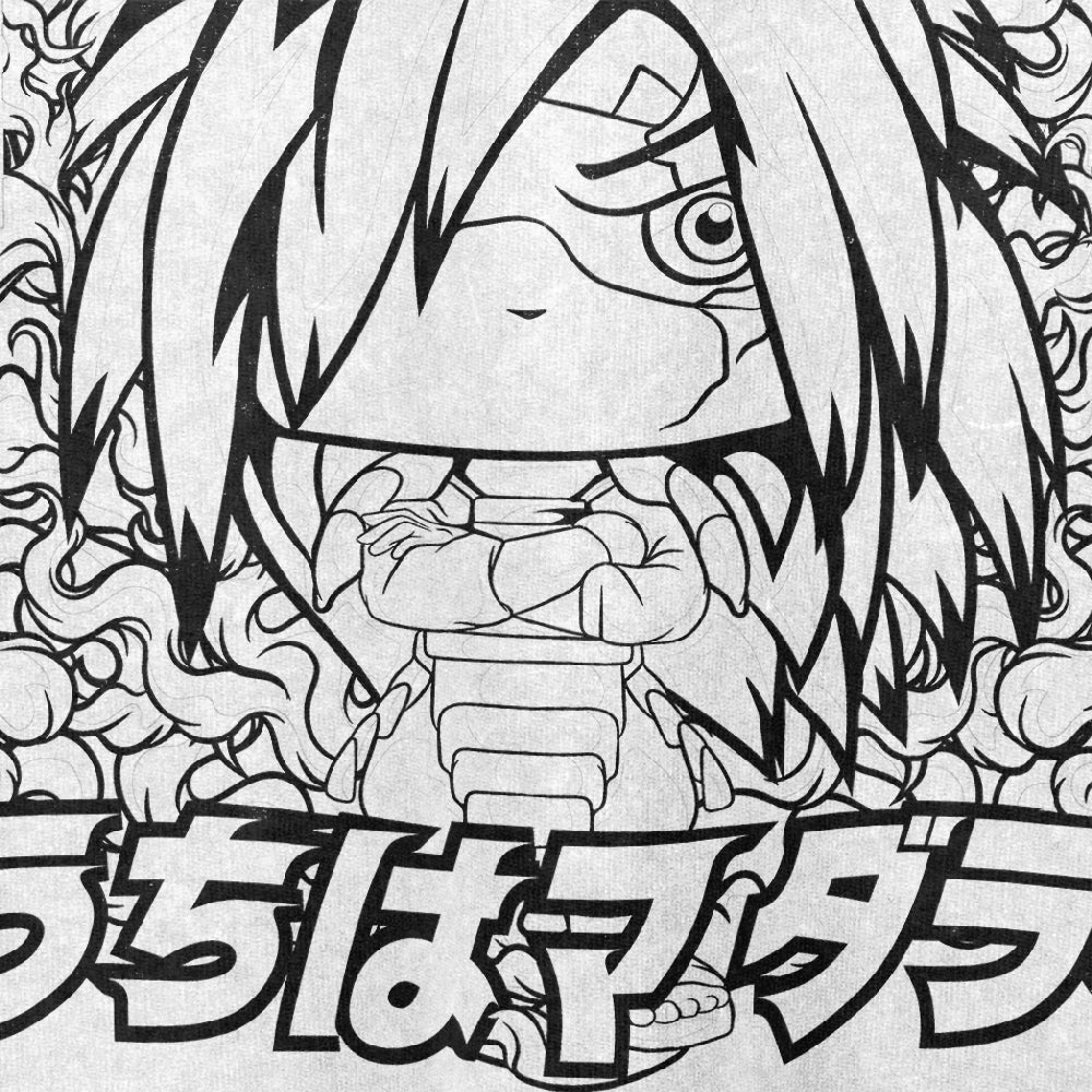 The black and white T-shirt design features chibi Madara Uchiha with long hair and armor, arms crossed confidently, alongside Japanese text. It&