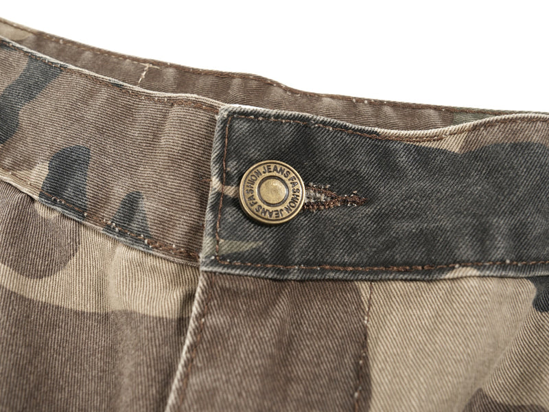 Close-up of camo waistband with button closure and stitched belt loop detail