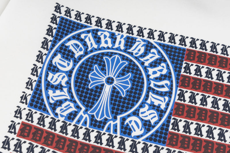 Close-up of the chest graphic with blue emblem and red-striped flag print