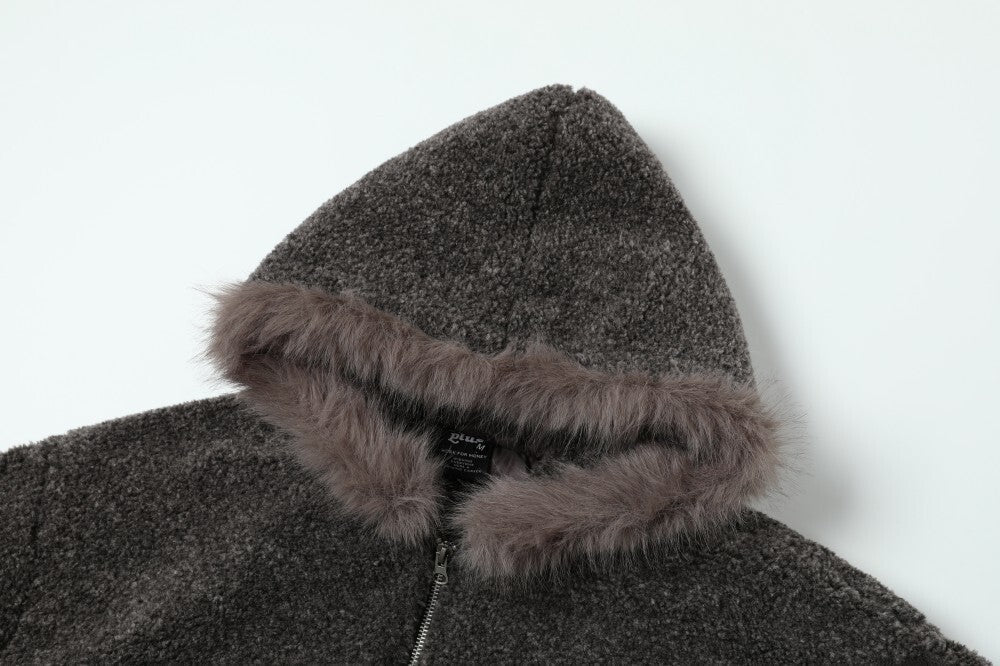 Faux Shearling Hooded Bomber Jacket with Fur Trim