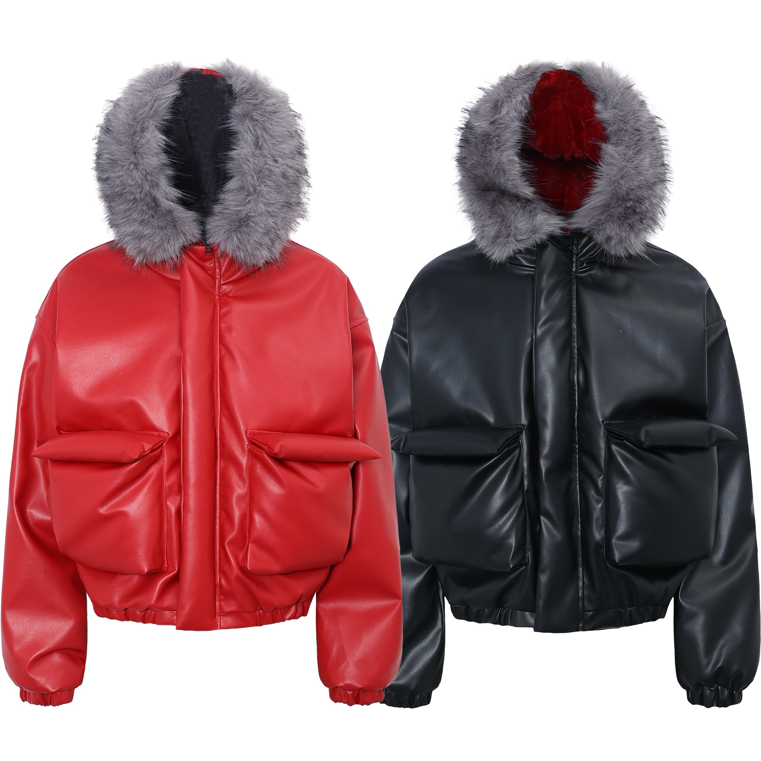 Red and black high-gloss PU puffer jackets with grey faux fur hood trim and oversized front pockets