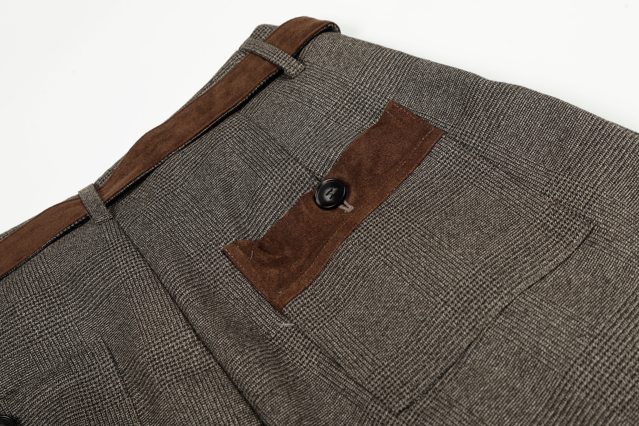 Wide-Leg Plaid Suit Trousers with Suede Trim & Belt