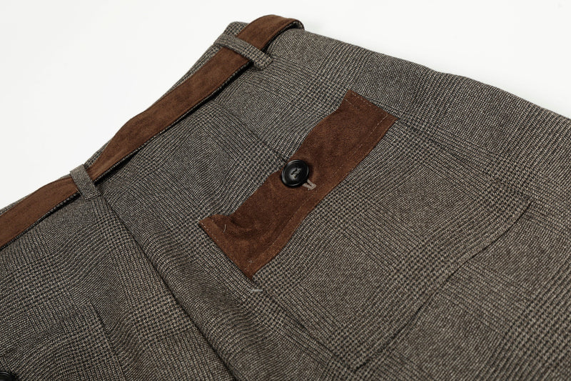 Wide-Leg Plaid Suit Trousers with Suede Trim & Belt