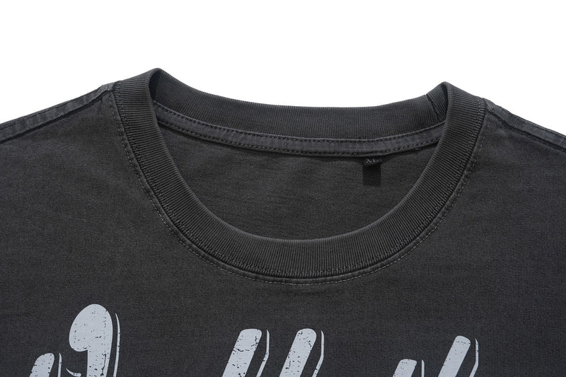 Vintage washed black graphic T-shirt with ribbed crew neck and distressed white print detail