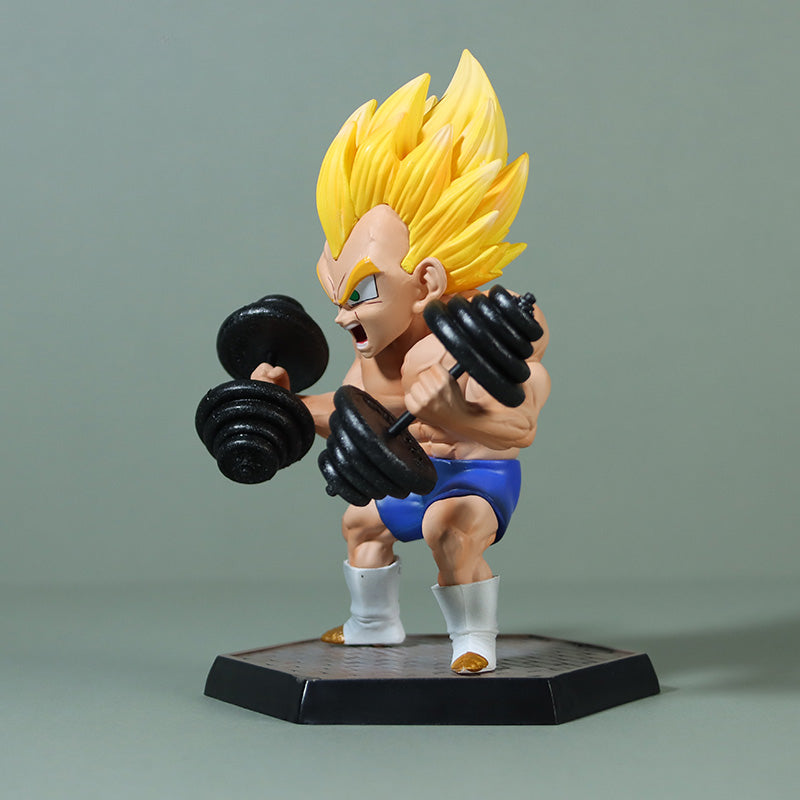 The Seakoff Vegeta Super Saiyan Collectible Figure – Dragon Ball Z, 17cm, showcases a weightlifting pose with spiky yellow hair lifting black dumbbells. Dressed in blue shorts and white boots with brown accents, it stands on a hexagonal base against a gray background.