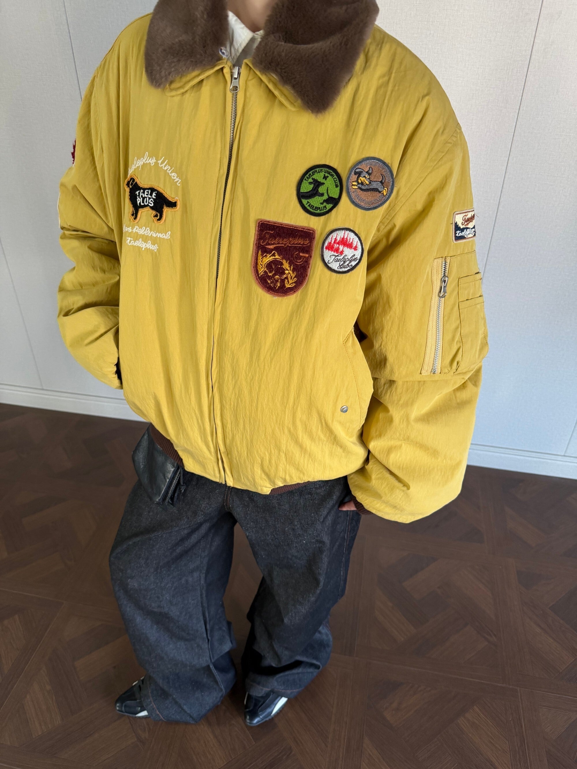 Taele Plus Aviation Patch Bomber Jacket with Fur Collar