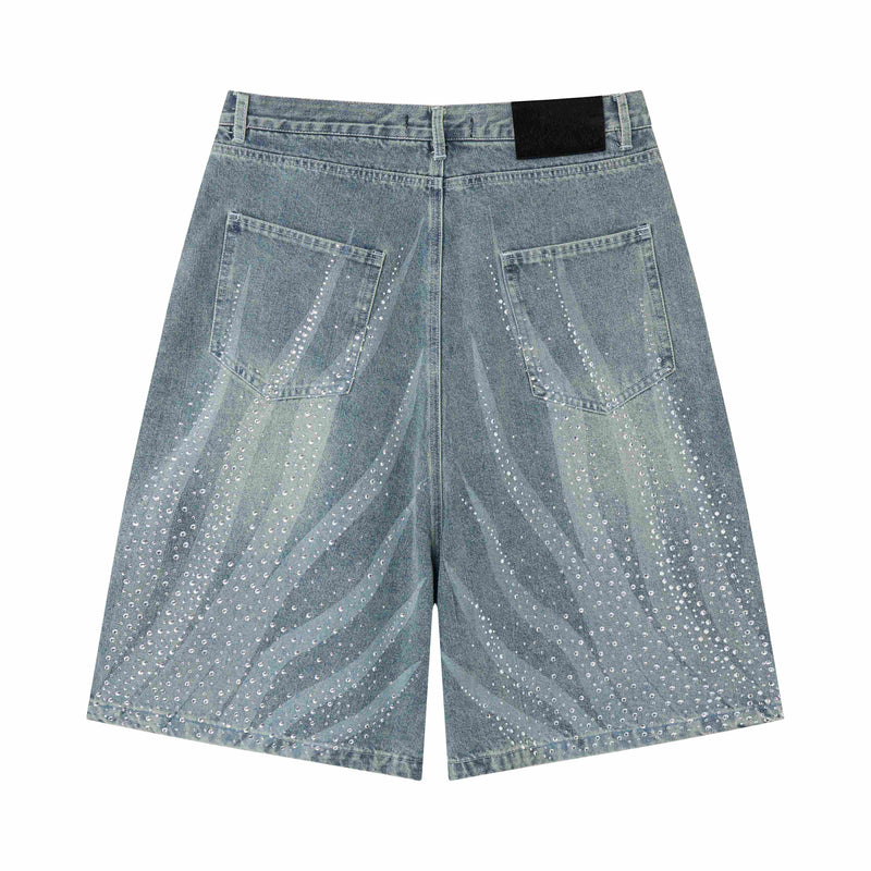 Back view of dark wash denim shorts with rhinestone gradient and loose fit