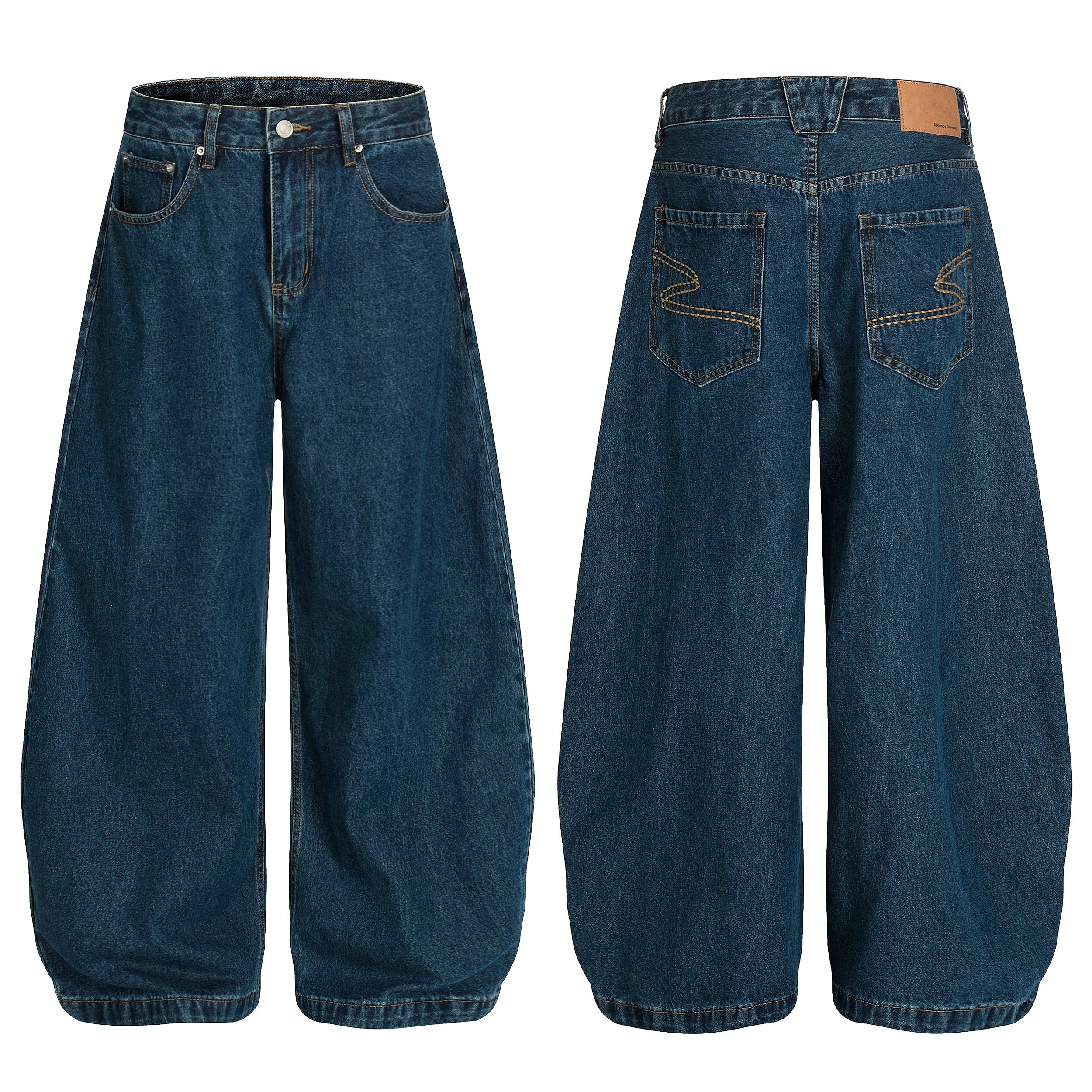 Front and back view of deep indigo balloon wide-leg jeans with S-curve back pocket stitching and amber topstitching