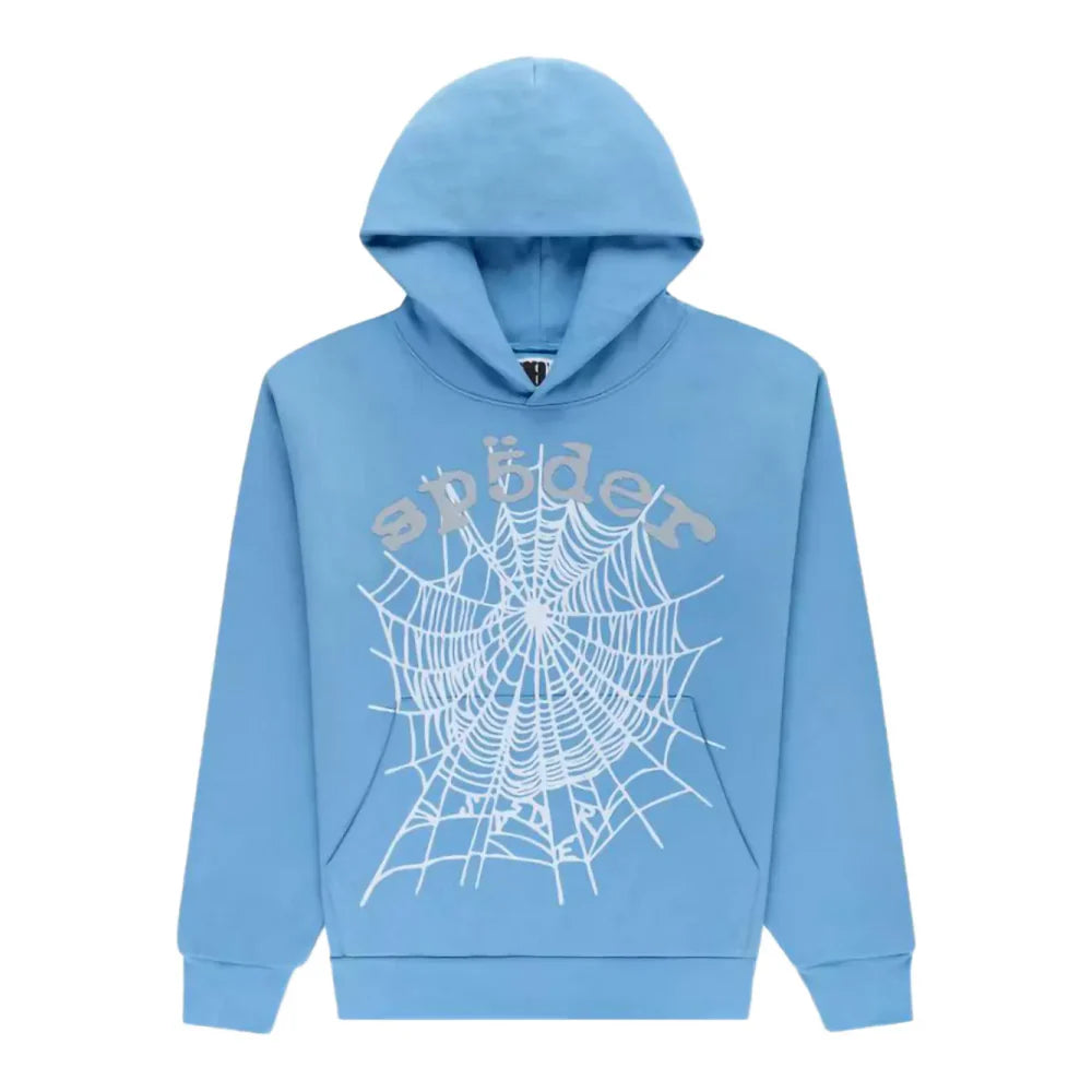 The Sp5der Hoodie – Sky Blue Web 440GSM Heavyweight Streetwear Pullover features a white web graphic and "spider" in gray on the chest, crafted from heavyweight cotton fleece for ultimate comfort and street style.
