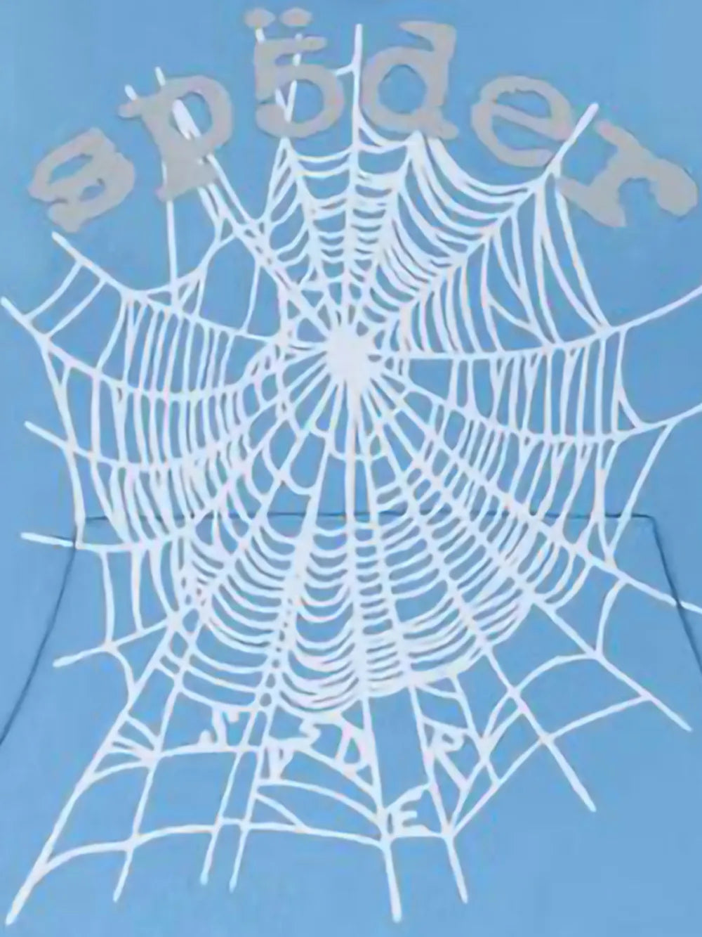 The Sp5der Hoodie – Sky Blue Web 440GSM Heavyweight Streetwear Pullover features a white spider web and stylized "Sp5der" graphic, crafted from cozy cotton fleece—ideal for upgrading your hoodie collection.