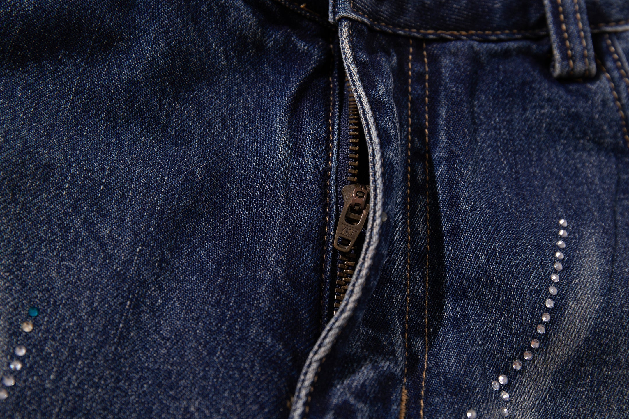 Rhinestone Wave Wide-Leg Jeans | Mid-Blue Washed Denim