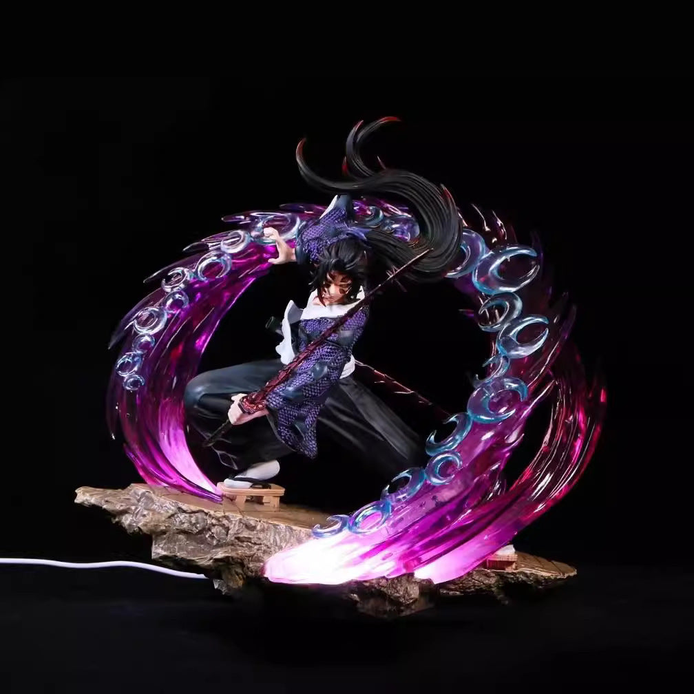 The 30cm Kokushibo Demon Slayer Figure, a premium PVC collectible by Demon Slayer, features the character in a purple and black outfit on a rock-like base with swirling purple and blue energy. It includes LED lighting for an enhanced display.