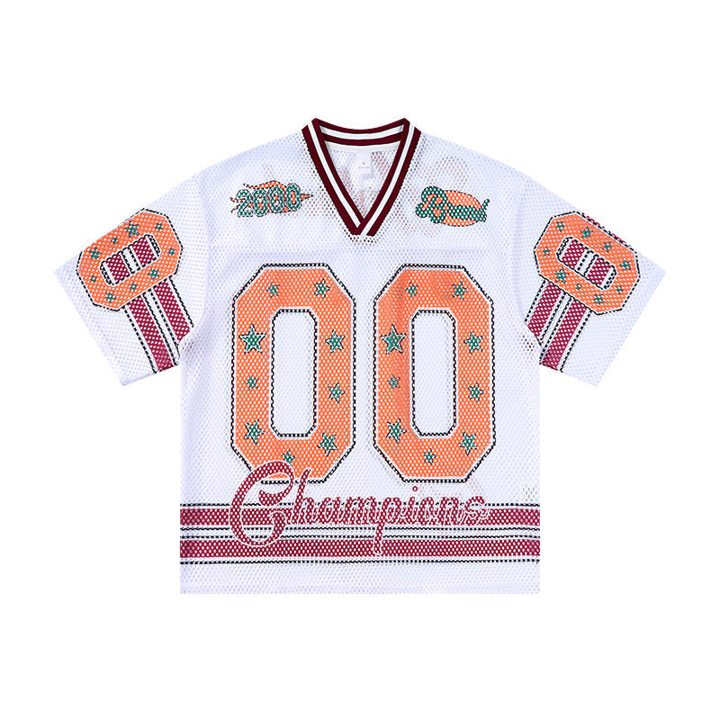 White mesh football jersey with orange 00 numerals, green star accents, maroon stripe details and Champions script on front