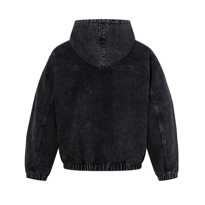 Back view of black washed denim hoodie with hood and elastic hem
