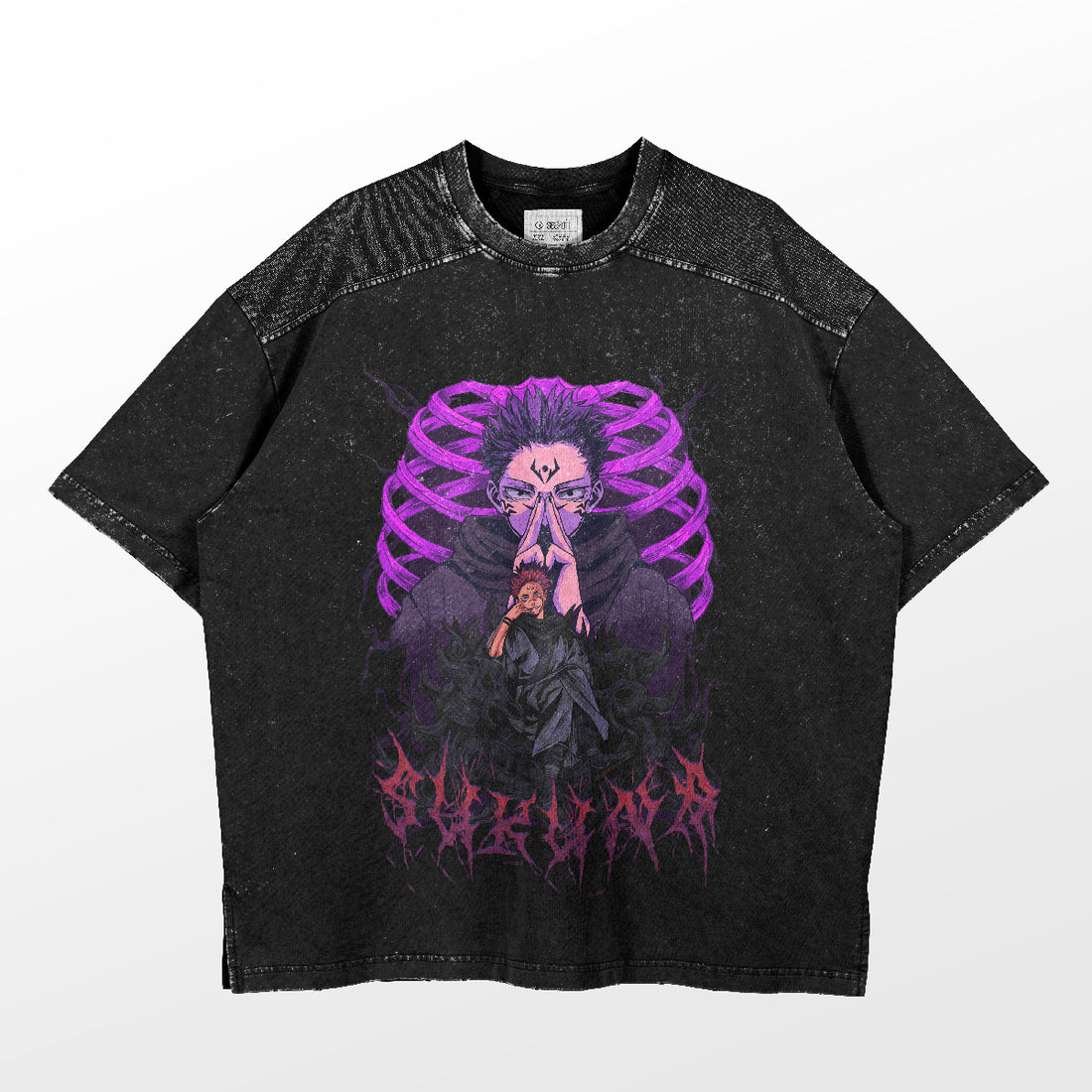 The Sukuna Dark Ritual Jujutsu Kaisen T-Shirt by Jujutsu Kaisen features a black design of a person with purple hair and tentacle-like appendages, sitting cross-legged in prayer. With abstract patterns and stylized red text, it&