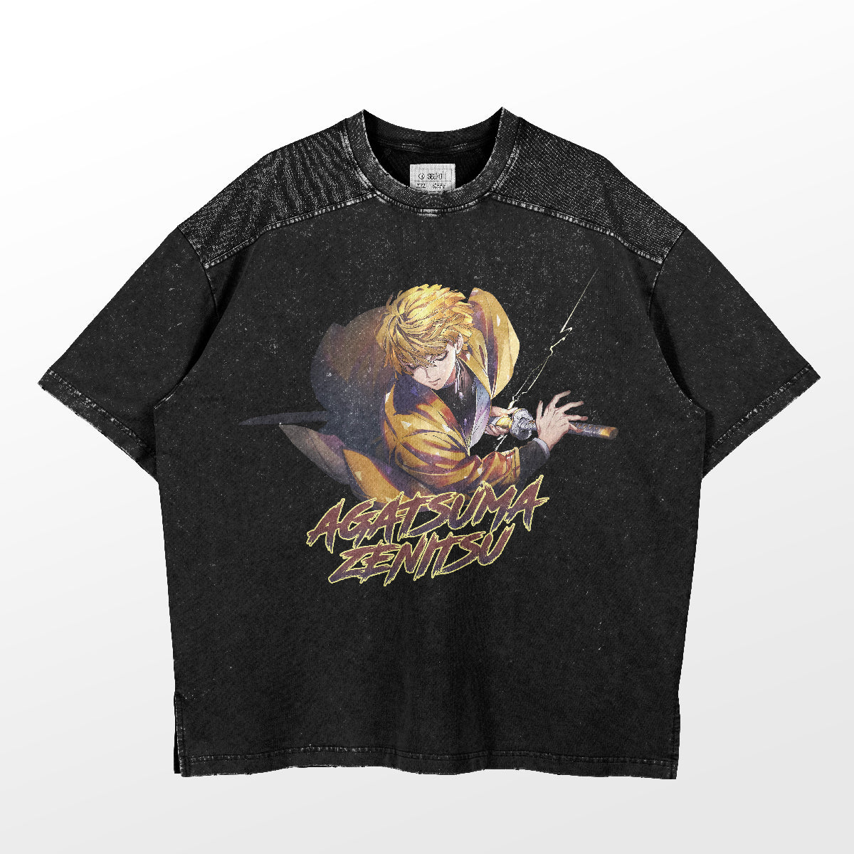 The Zenitsu Agatsuma Thunderclap T-Shirt by Demon Slayer features a classic vibe with black fabric showcasing Zenitsu wielding his sword. &quot;Agatsuma Zenitsu&quot; is printed below the electrifying design, all wrapped in a stylish tee with a faded, vintage look.