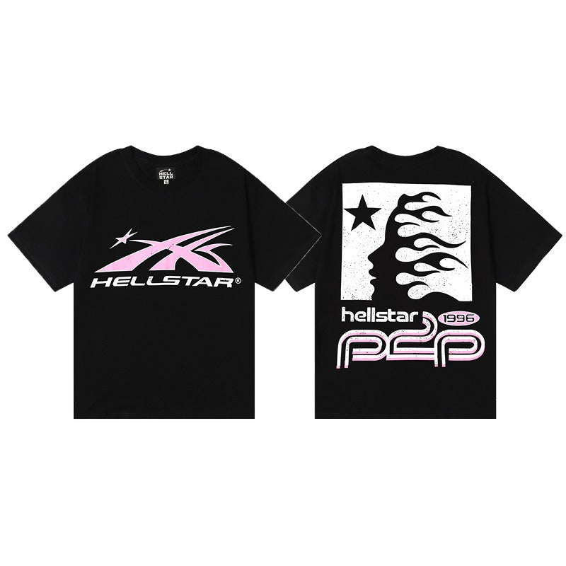 Hellstar P2P 1996 Camisa-Camiseta de algodón de algodón y rosa de 250gsm con gráfico de perfil de llamas