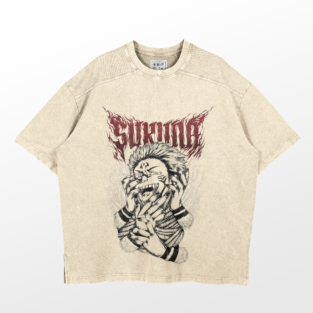 The Jujutsu Kaisen Sukuna Washed Vintage T-Shirt features a detailed graphic of Sukuna with tattooed face and wrapped arms, highlighted by bold red &quot;SUICIDE&quot; text. Made from 260 GSM high-quality cotton, this beige anime streetwear piece appeals to any fan with its distressed texture.