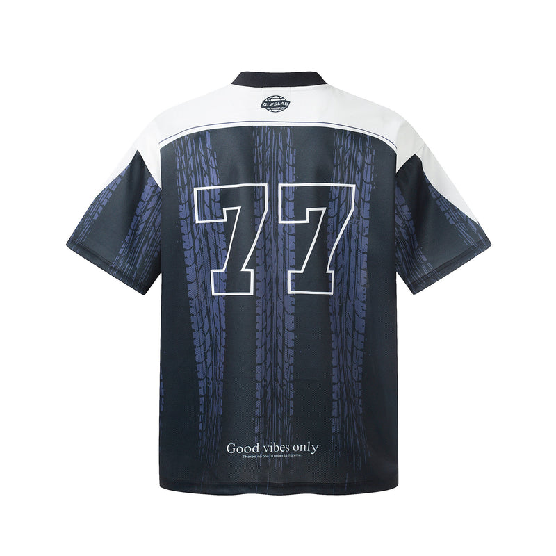 Black and white mesh soccer jersey with oversized 77 graphic and Good vibes only text on the back