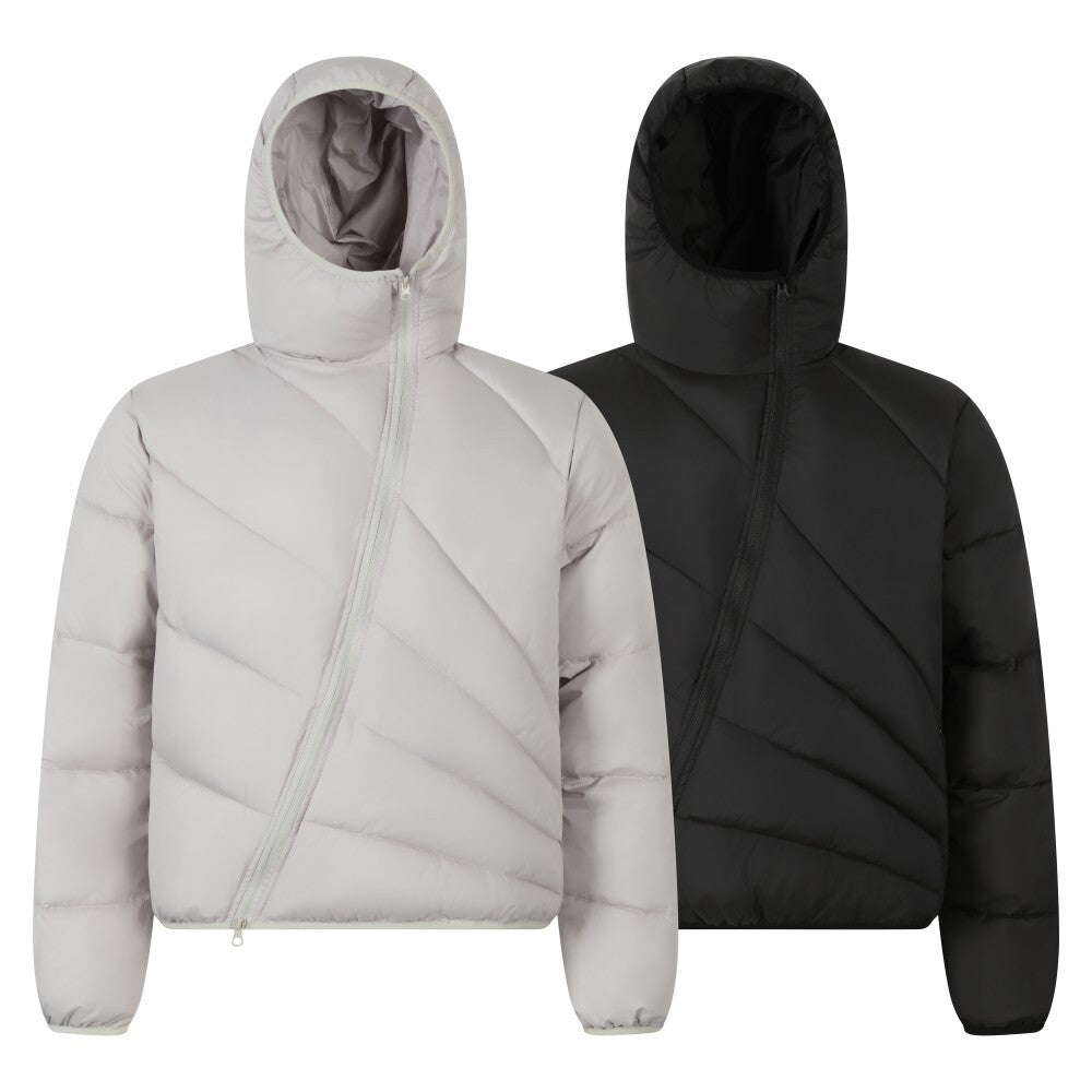 Light grey and black asymmetric diagonal zip hooded puffer jackets displayed side by side on white background