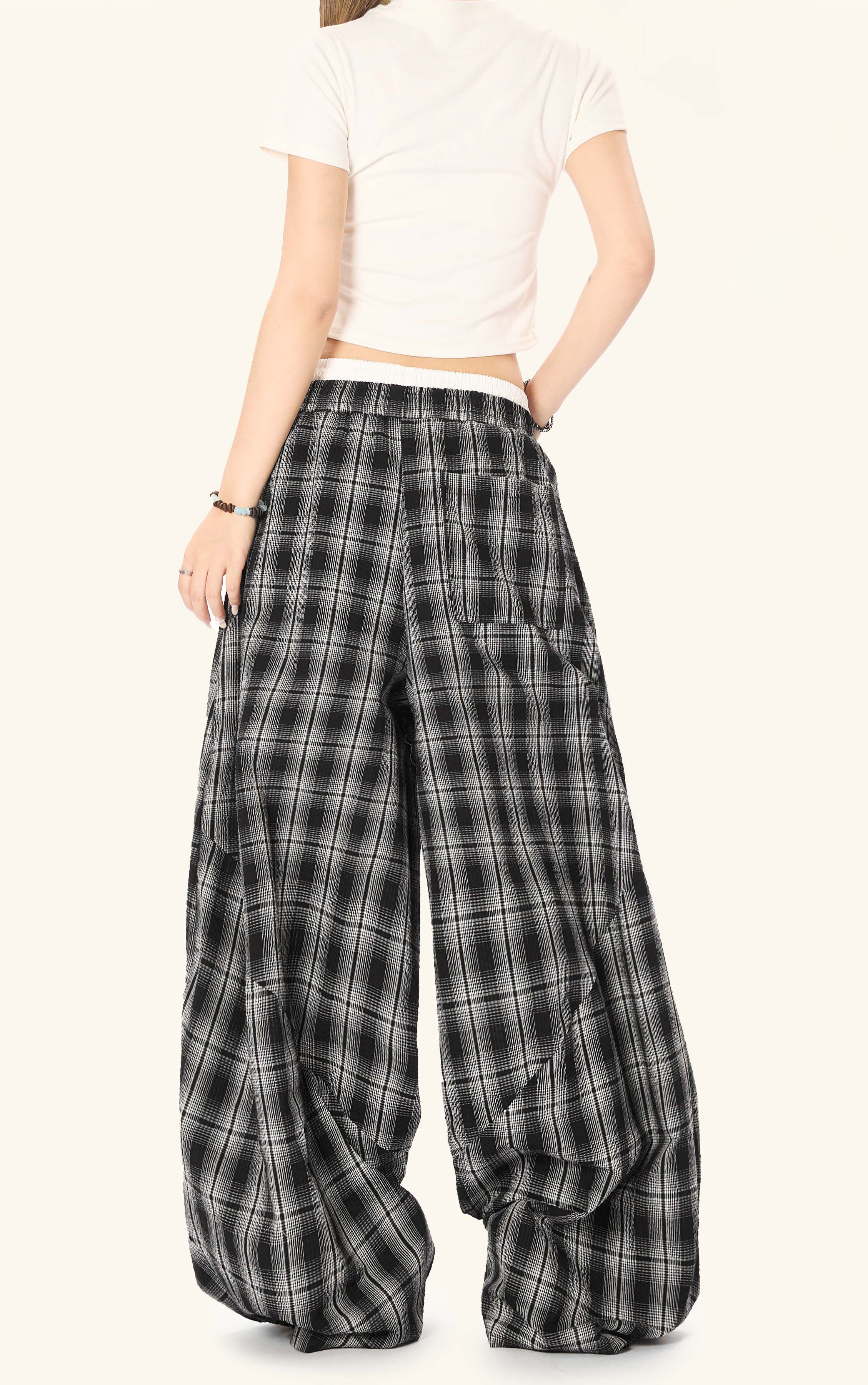 Omirad Plaid Barrel-Leg Pants | Wide-Leg Streetwear Trousers